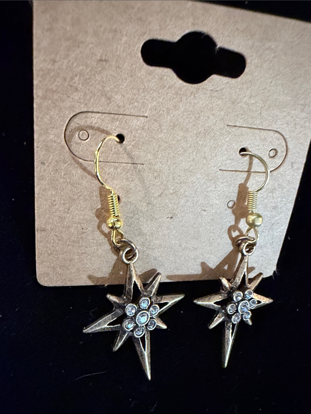 Gold Starburst Drop Earrings with Crystal Center